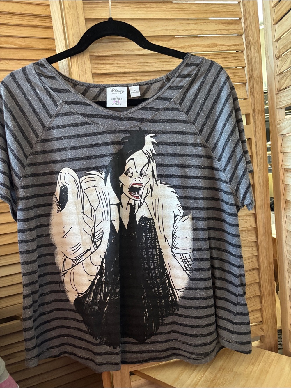 Disney Cruella Striped Graphic Slub Tee - Gray & Black Medium